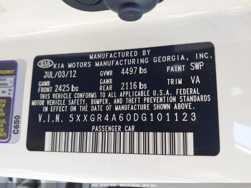 2013 Kia Optima Sx VIN: 5XXGR4A60DG101123 Lot: 39480450