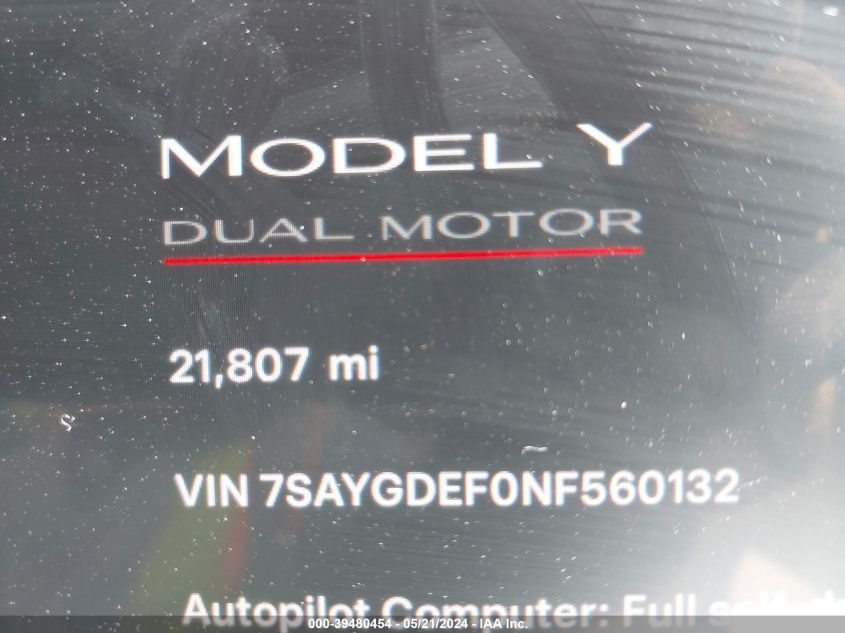 2022 Tesla Model Y Performance Dual Motor All-Wheel Drive VIN: 7SAYGDEF0NF560132 Lot: 39480454