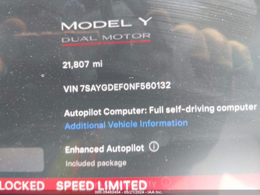 2022 Tesla Model Y Performance Dual Motor All-Wheel Drive VIN: 7SAYGDEF0NF560132 Lot: 39480454