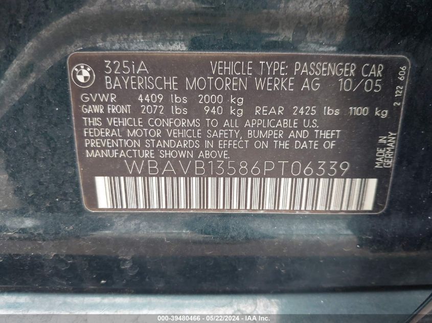 2006 BMW 325I VIN: WBAVB13586PT06339 Lot: 39480466
