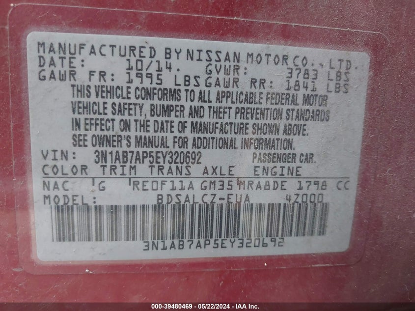 2014 Nissan Sentra S VIN: 3N1AB7AP5EY320692 Lot: 39480469