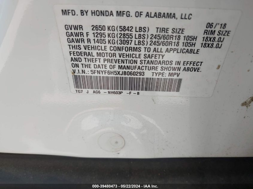 2018 Honda Pilot Ex-L VIN: 5FNYF6H5XJB060293 Lot: 39480473