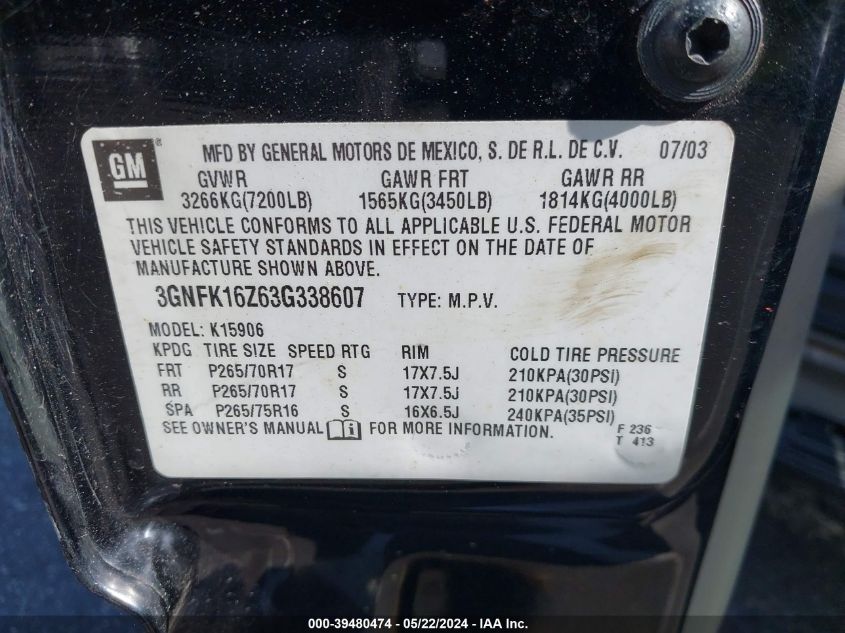 2003 Chevrolet Suburban 1500 Z71 VIN: 3GNFK16Z63G338607 Lot: 39480474