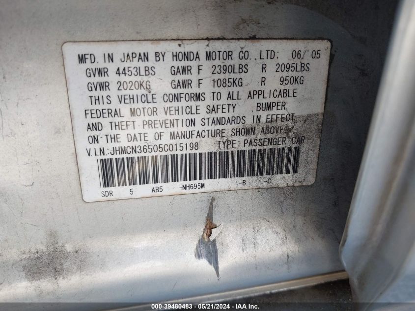 2005 Honda Accord Hybrid Ima VIN: JHMCN36505C015198 Lot: 39480483