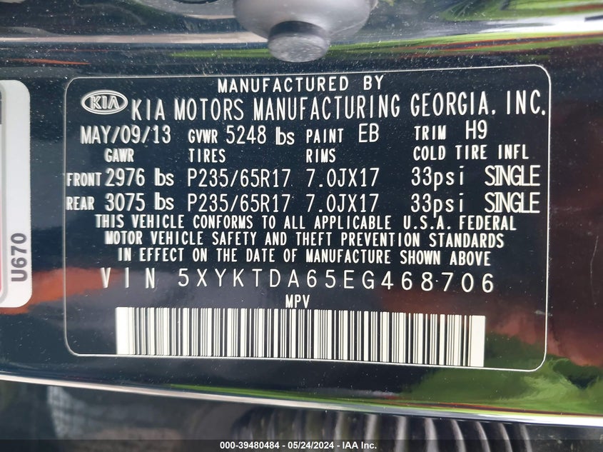 2014 Kia Sorento Lx VIN: 5XYKTDA65EG468706 Lot: 39480484