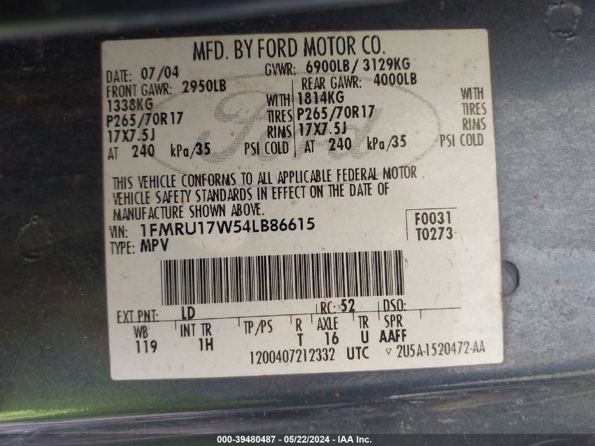 2004 Ford Expedition Eddie Bauer VIN: 1FMRU17W54LB86615 Lot: 39480487