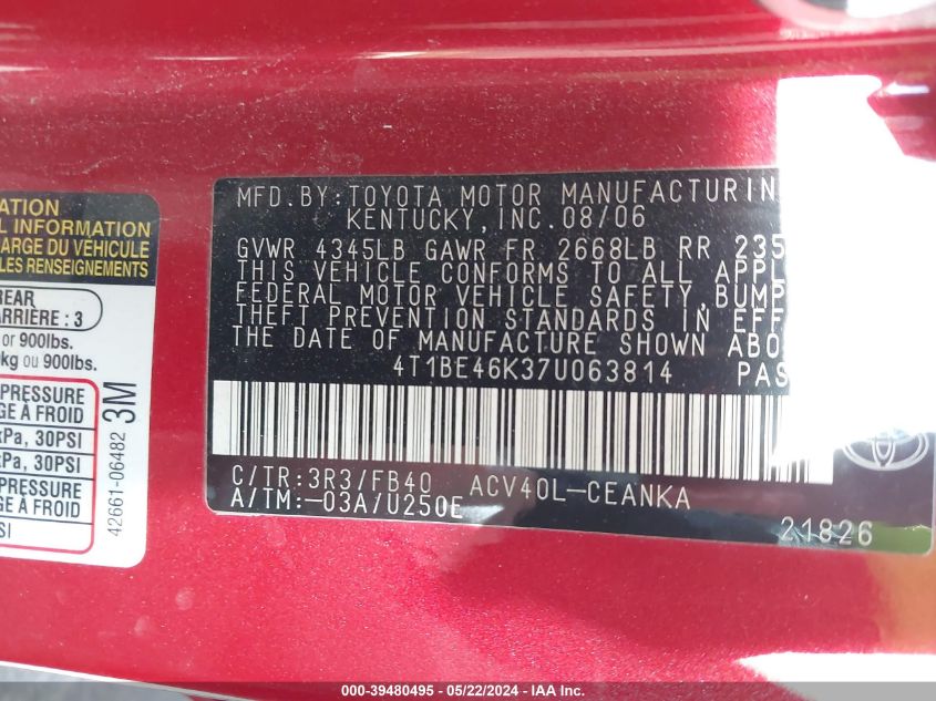 2007 Toyota Camry Le VIN: 4T1BE46K37U063814 Lot: 39480495
