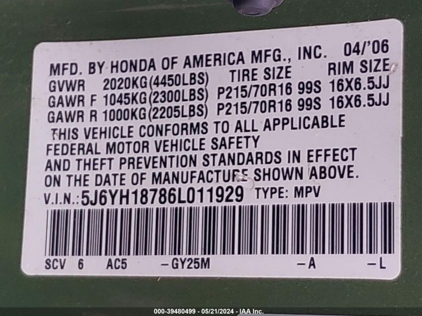 2006 Honda Element Ex-P VIN: 5J6YH18786L011929 Lot: 39480499
