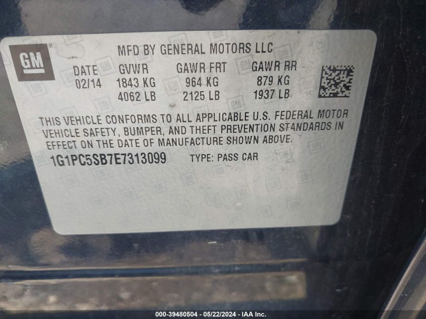 2014 Chevrolet Cruze 1Lt Auto VIN: 1G1PC5SB7E7313099 Lot: 39480504