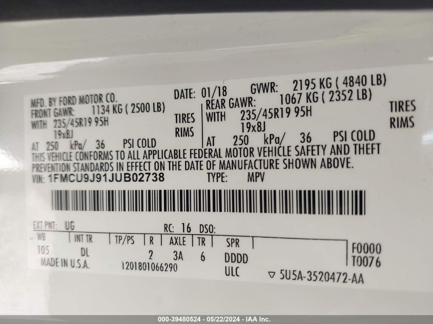 2018 Ford Escape Titanium VIN: 1FMCU9J91JUB02738 Lot: 39480524