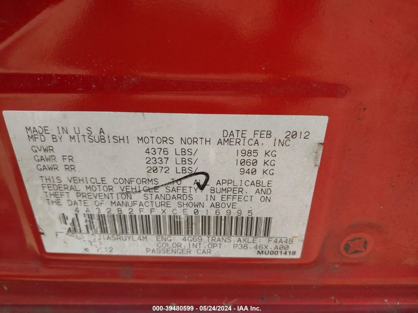 2012 Mitsubishi Galant Fe VIN: 4A32B2FFXCE016995 Lot: 39480599