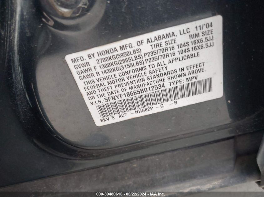 2005 Honda Pilot Ex-L VIN: 5FNYF18665B012534 Lot: 39480615