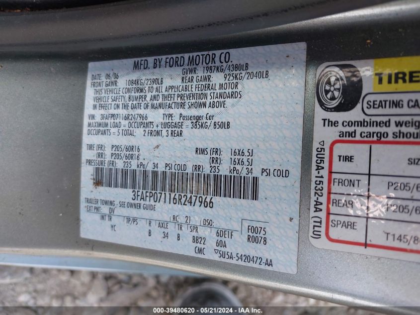 2006 Ford Fusion Se VIN: 3FAFP07116R247966 Lot: 39480620