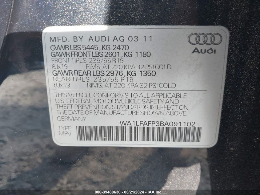 2011 Audi Q5 2.0T Premium VIN: WA1LFAFP3BA091102 Lot: 39480630