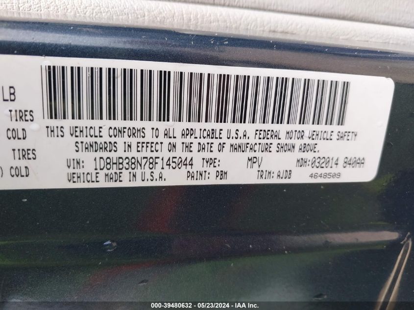 2008 Dodge Durango Sxt VIN: 1D8HB38N78F145044 Lot: 39480632