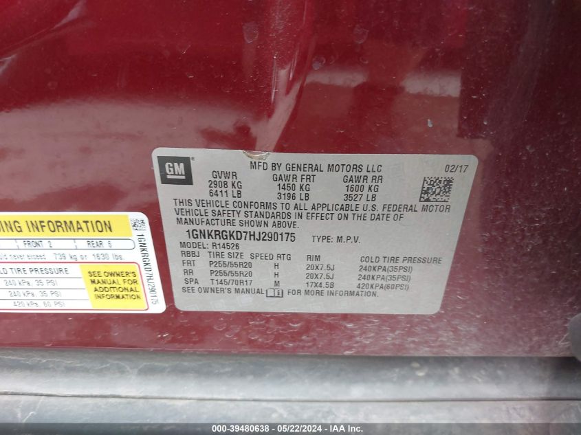2017 Chevrolet Traverse 1Lt VIN: 1GNKRGKD7HJ290175 Lot: 39480638