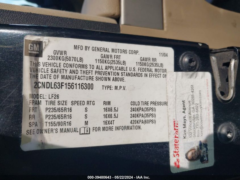 2005 Chevrolet Equinox Lt VIN: 2CNDL63F156116300 Lot: 39480643