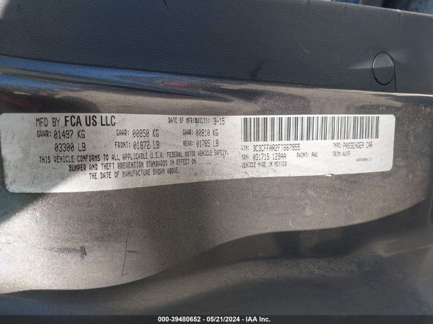 2015 Fiat 500 Pop VIN: 3C3CFFAR2FT667955 Lot: 39480652