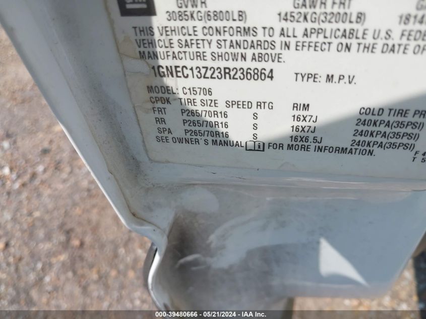 2003 Chevrolet Tahoe Ls VIN: 1GNEC13Z23R236864 Lot: 39480666