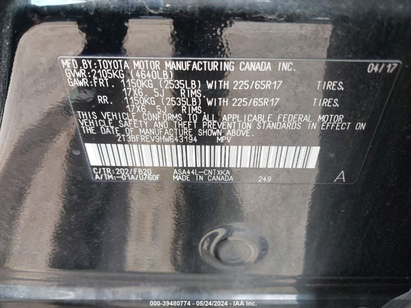 2017 Toyota Rav4 Le VIN: 2T3BFREV9HW643194 Lot: 39480774
