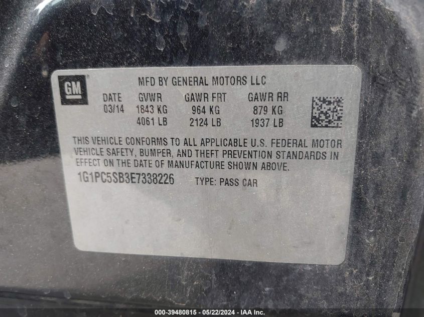 2014 Chevrolet Cruze 1Lt Auto VIN: 1G1PC5SB3E7338226 Lot: 39480815