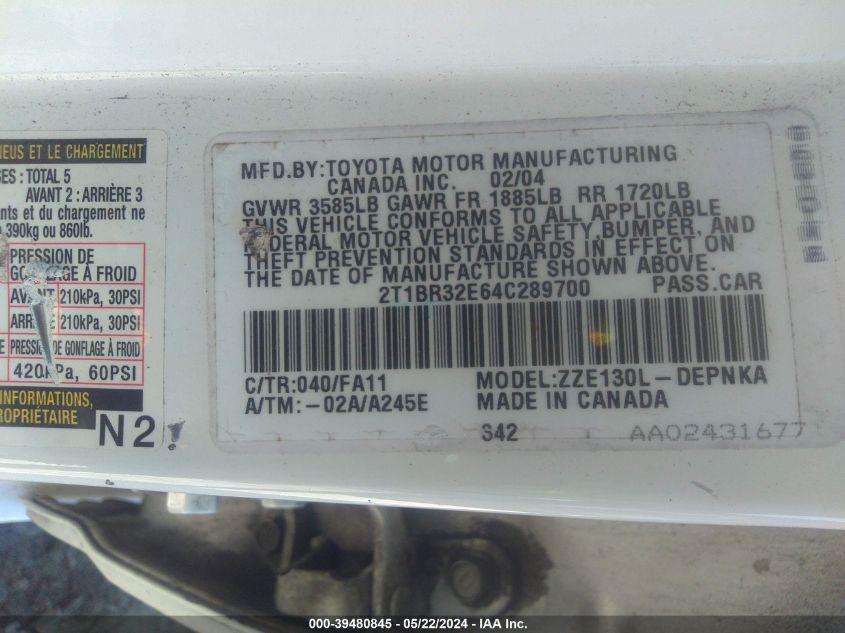 2004 Toyota Corolla Le VIN: 2T1BR32E64C289700 Lot: 39480845