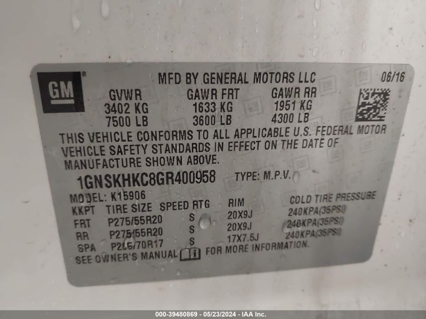 2016 Chevrolet Suburban Lt VIN: 1GNSKHKC8GR400958 Lot: 39480869