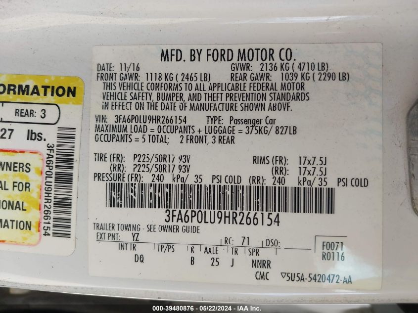 2017 Ford Fusion Hybrid Se VIN: 3FA6P0LU9HR266154 Lot: 39480876