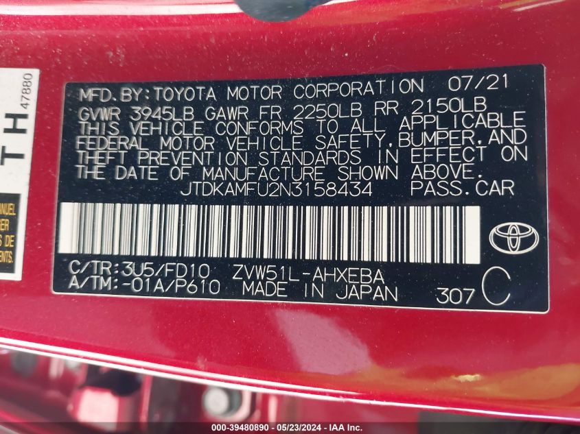 2022 Toyota Prius Le VIN: JTDKAMFU2N3158434 Lot: 39480890