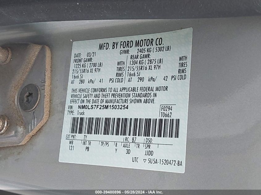 2021 Ford Transit Connect Xlt VIN: NM0LS7F25M1503254 Lot: 39480896