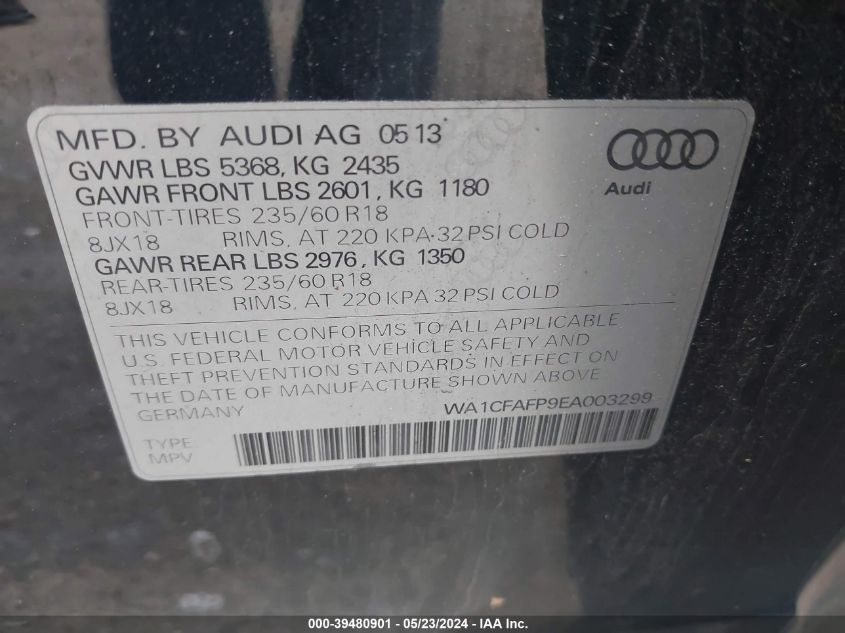 2014 Audi Q5 2.0T Premium VIN: WA1CFAFP9EA003299 Lot: 39480901