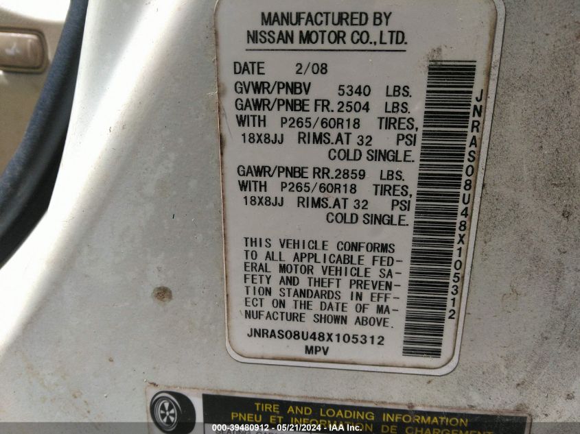2008 Infiniti Fx35 VIN: JNRAS08U48X105312 Lot: 39480912