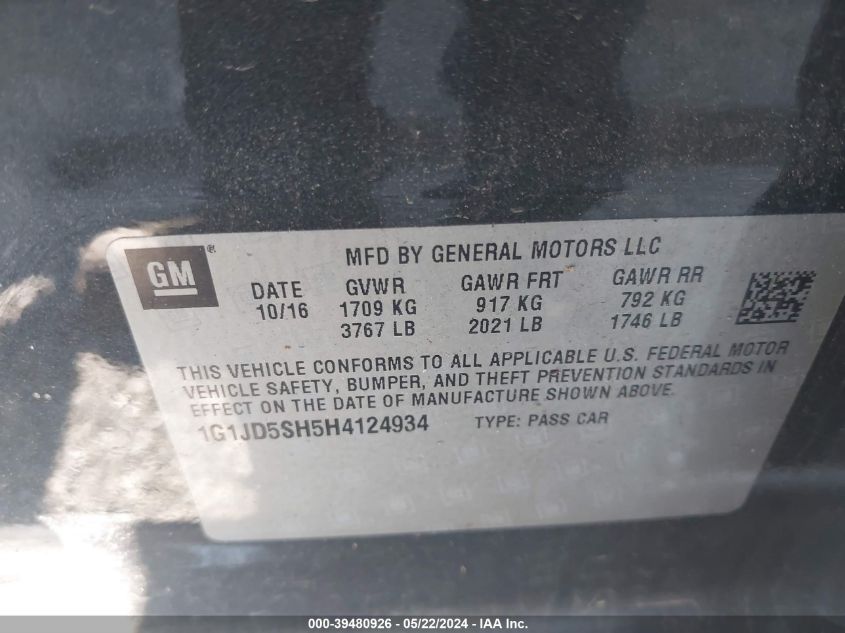 2017 Chevrolet Sonic Lt Auto VIN: 1G1JD5SH5H4124934 Lot: 39480926