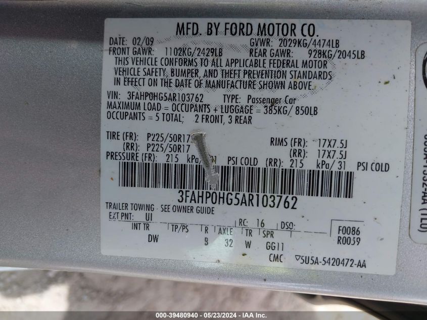 2010 Ford Fusion Se VIN: 3FAHP0HG5AR103762 Lot: 39480940