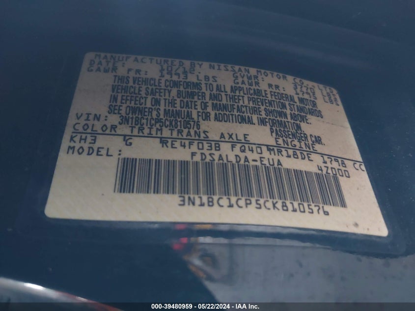 2012 Nissan Versa 1.8 S VIN: 3N1BC1CP5CK810576 Lot: 39480959