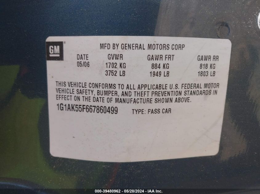 2006 Chevrolet Cobalt Ls VIN: 1G1AK55F667860499 Lot: 39480962