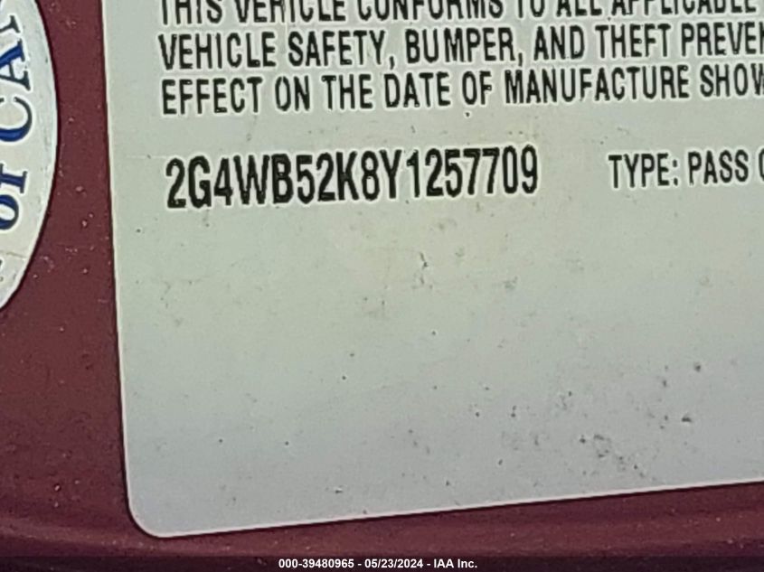 2000 Buick Regal Ls VIN: 2G4WB52K8Y1257709 Lot: 39480965
