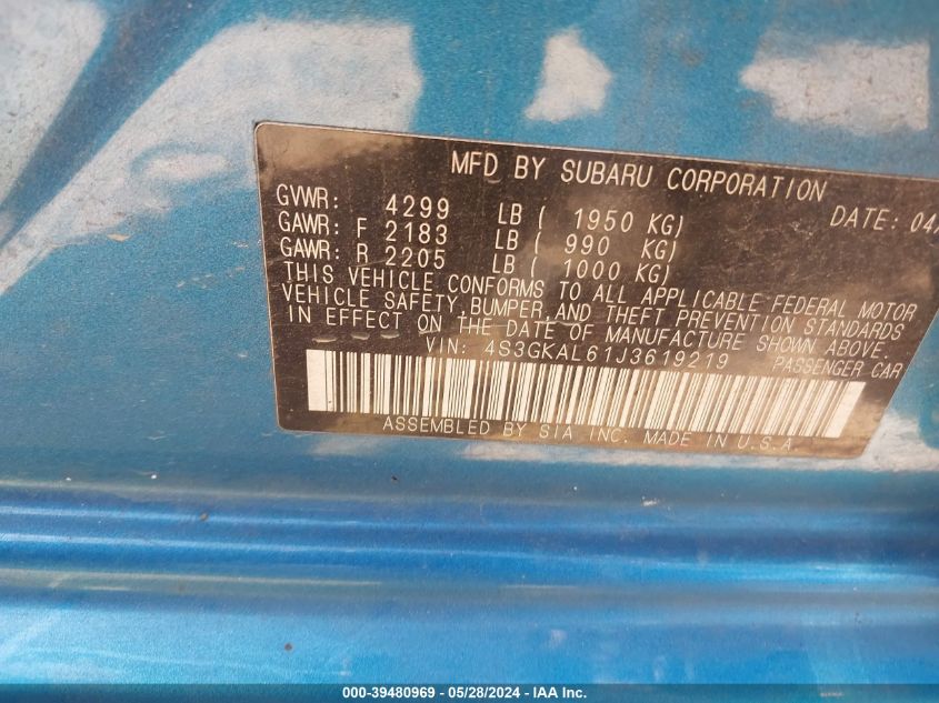2018 Subaru Impreza 2.0I Sport VIN: 4S3GKAL61J3619219 Lot: 39480969