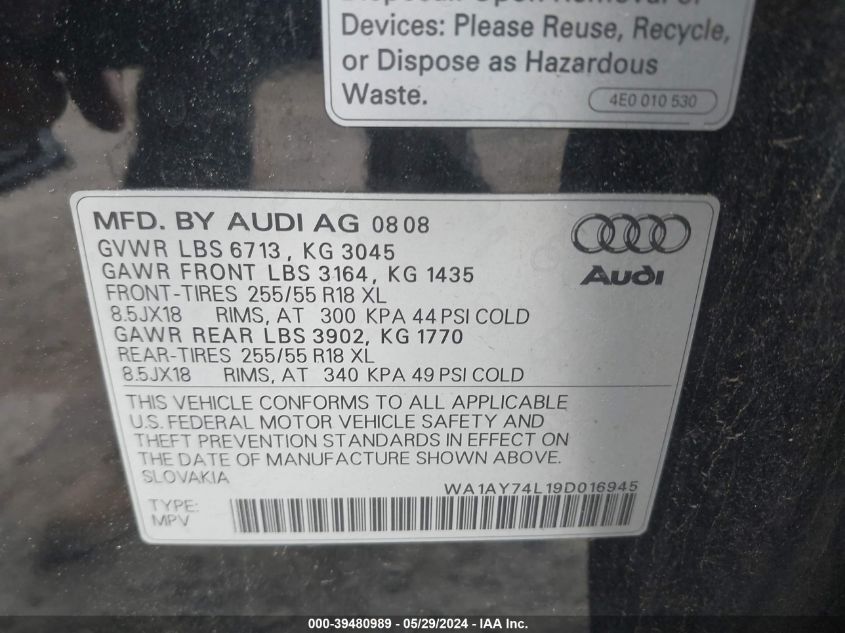 WA1AY74L19D016945 2009 Audi Q7 3.6 5 Passenger/3.6 Premium