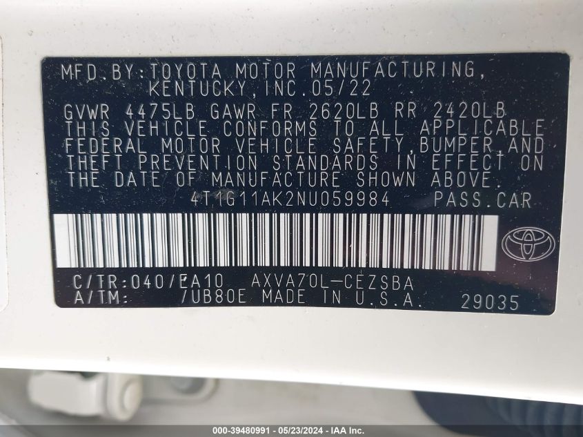 2022 Toyota Camry Se VIN: 4T1G11AK2NU059984 Lot: 39480991