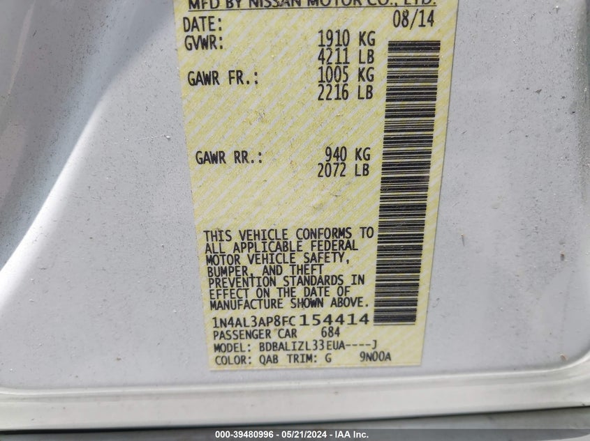 2015 Nissan Altima 2.5 Sv VIN: 1N4AL3AP8FC154414 Lot: 39480996