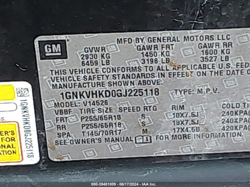 2016 Chevrolet Traverse 2Lt VIN: 1GNKVHKD0GJ225118 Lot: 39481009