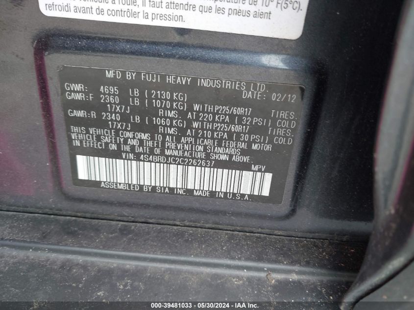 2012 Subaru Outback 3.6R Limited VIN: 4S4BRDJC2C2262637 Lot: 39481033