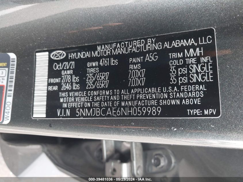 2022 Hyundai Tucson Sel VIN: 5NMJBCAE6NH059989 Lot: 39481036