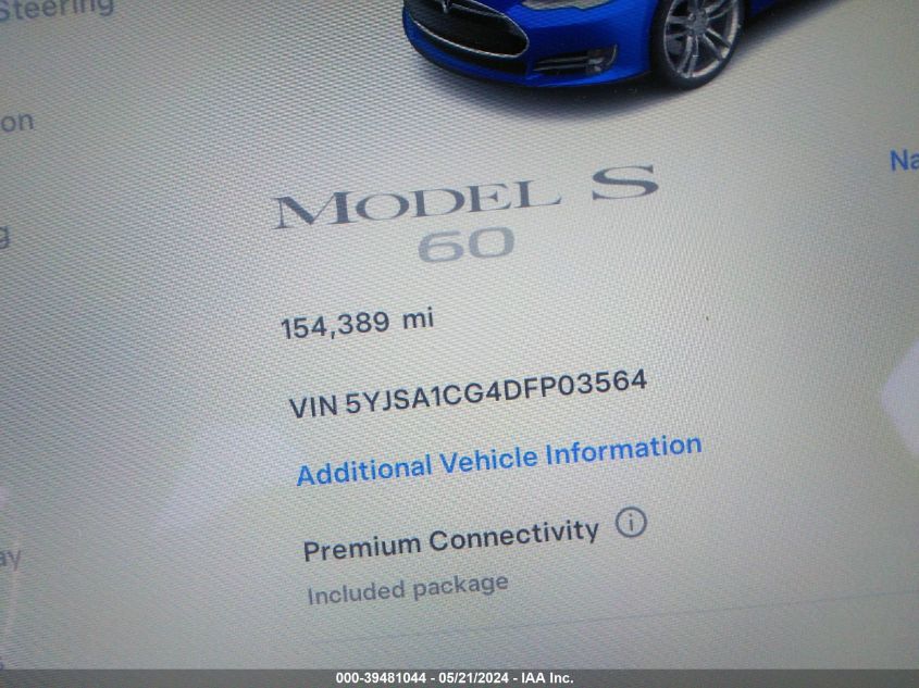 2013 Tesla Model S VIN: 5YJSA1CG4DFP03564 Lot: 39481044