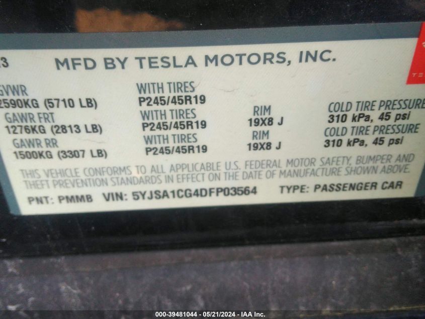 2013 Tesla Model S VIN: 5YJSA1CG4DFP03564 Lot: 39481044