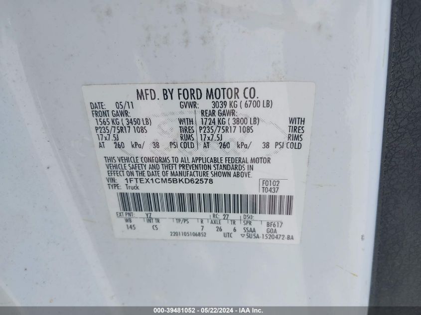 2011 Ford F-150 Xl VIN: 1FTEX1CM5BKD62578 Lot: 39481052