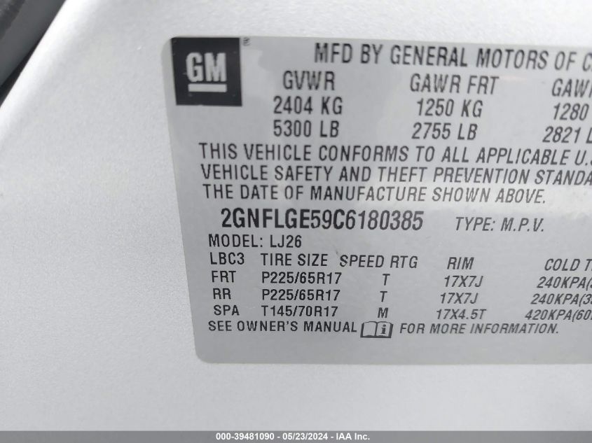 2GNFLGE59C6180385 2012 Chevrolet Equinox Ltz