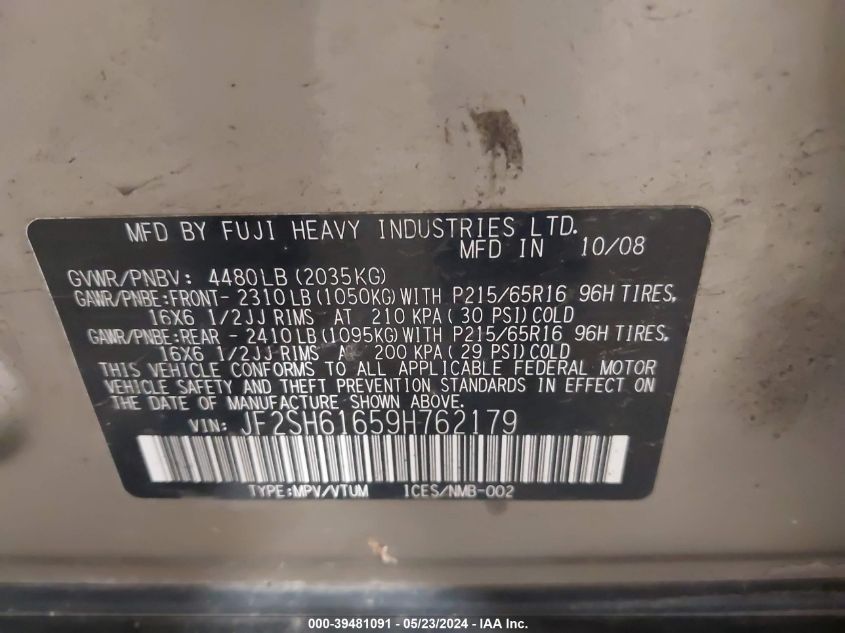 2009 Subaru Forester 2.5X VIN: JF2SH61659H762179 Lot: 39481091