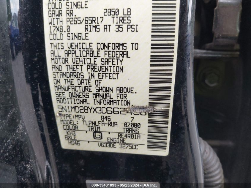 2003 Nissan Xterra Se S/C VIN: 5N1MD28YX3C662498 Lot: 39481093